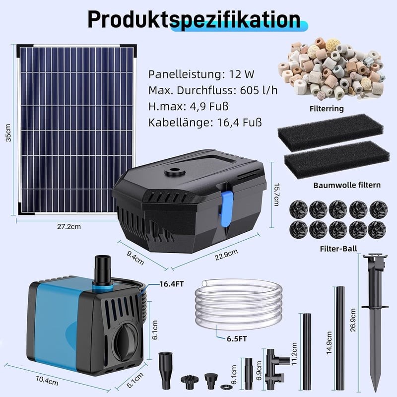 Biling 12W napelemes tófilter szivattyúval, 605 L/h, 4 fúvóka, 5m kábel