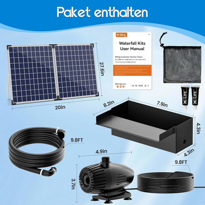 Biling Napelemes Kerti Vízesés Szett 20cm Rozsdamentes Acél 2100 l/h Szivattyúval
