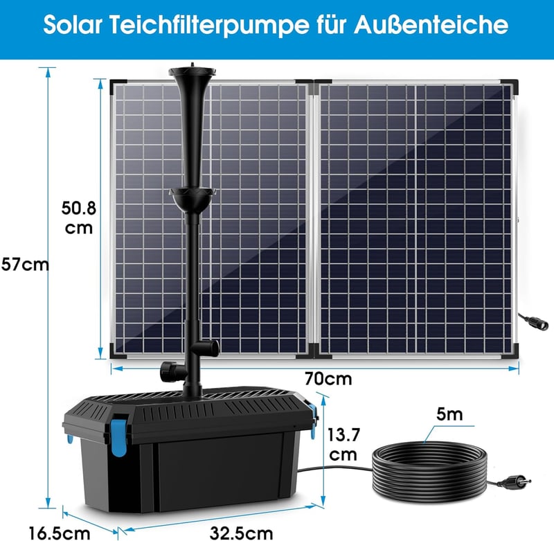 Biling Napelemes Tófilter Szett 2500 l/h Szivattyúval és 70W Napelem Modul
