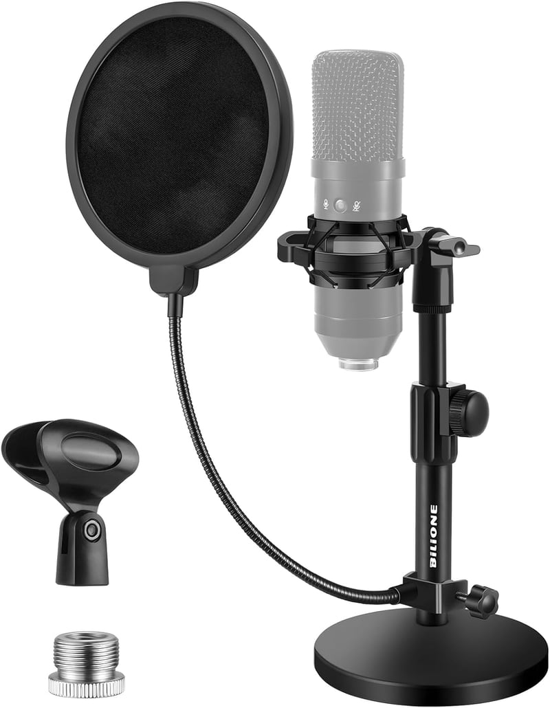 BILIONE Asztali Mikrofon Állvány Állítható Pop Filter Shock Mount Adapterrel
