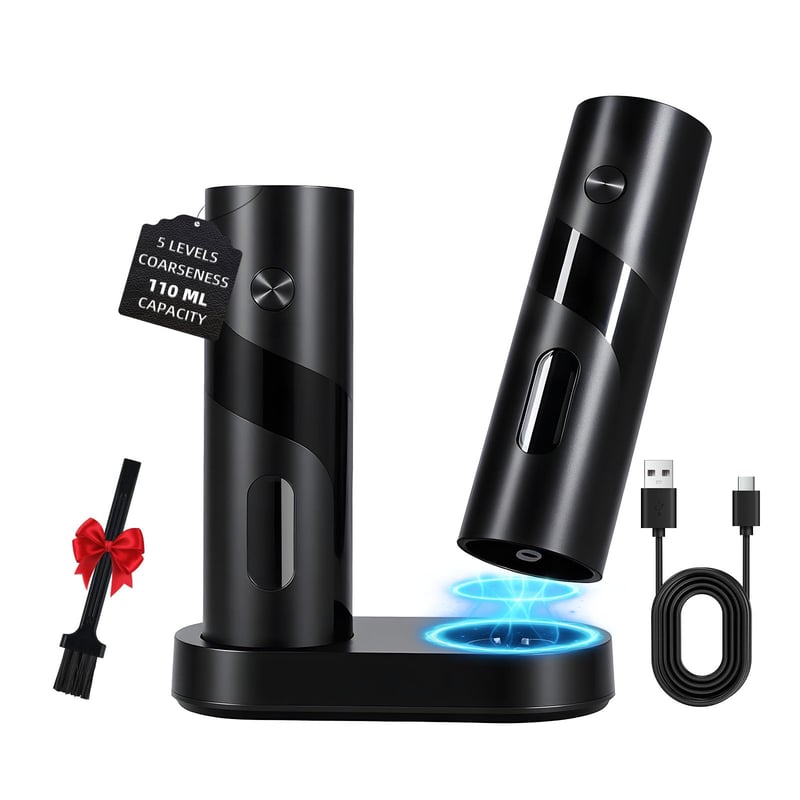 Elektrický mlynček na soľ a korenie BillyBath s nabíjacou stanicou, 110 ml, 5 stupňov hrubosti, keramický mlecí mechanizmus, čierny, 2 ks