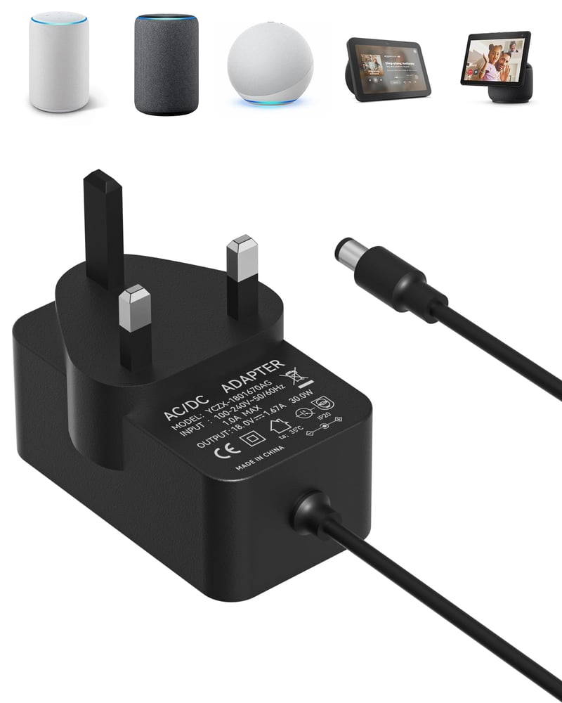 Sieťový adaptér Binamao 30 W pre zariadenia Echo (3. – 4. gen.) / Echo Show 8/10/15 / Echo Plus (2. gen.), 1,5 m kábel, čierny