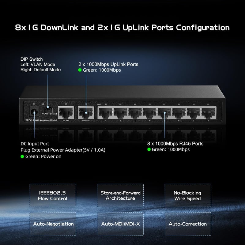 Binardat 10 portos Gigabit Ethernet switch, 8x100/1000Mbps + 2 uplink, fém ház