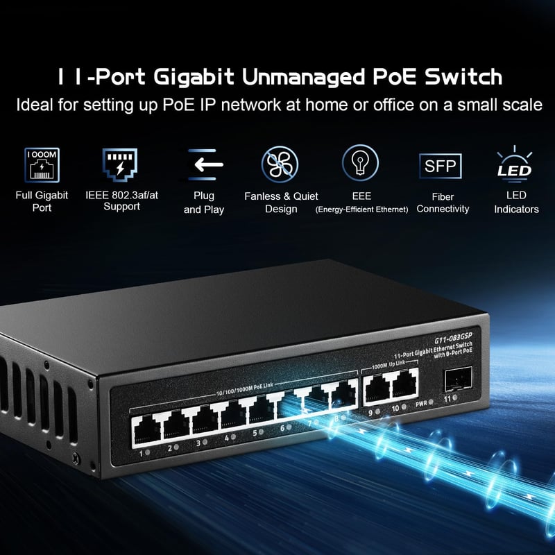Binardat 11 portos Gigabit POE Switch, 8 POE+ port, 135W tápegység, fém ház