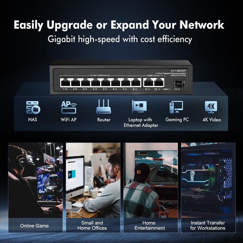 Binardat 11 portos Gigabit POE Switch, 8 POE+ port, 135W tápegység, fém ház