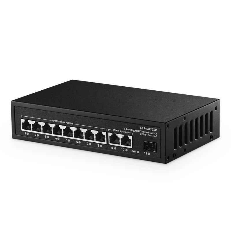 Binardat 11-portni gigabitni PoE switch, 8x PoE+ 1000 Mbps, 2x gigabitni uplink, 1x SFP, 135 W, metalno kućište