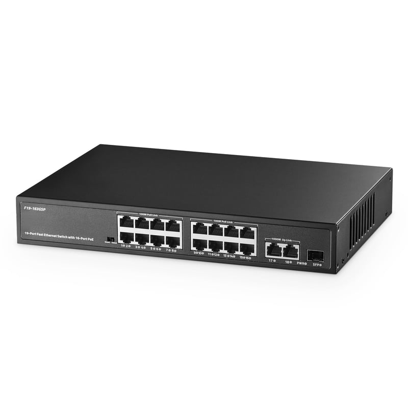 19-portni POE switch s 16x POE+ 100Mbps i 2 Gigabit uplink porta, metalno kućište