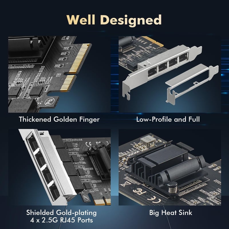 Binardat 4 portos 2.5G PCIe hálózati adapter, RTL8125B Ethernet NIC kártya