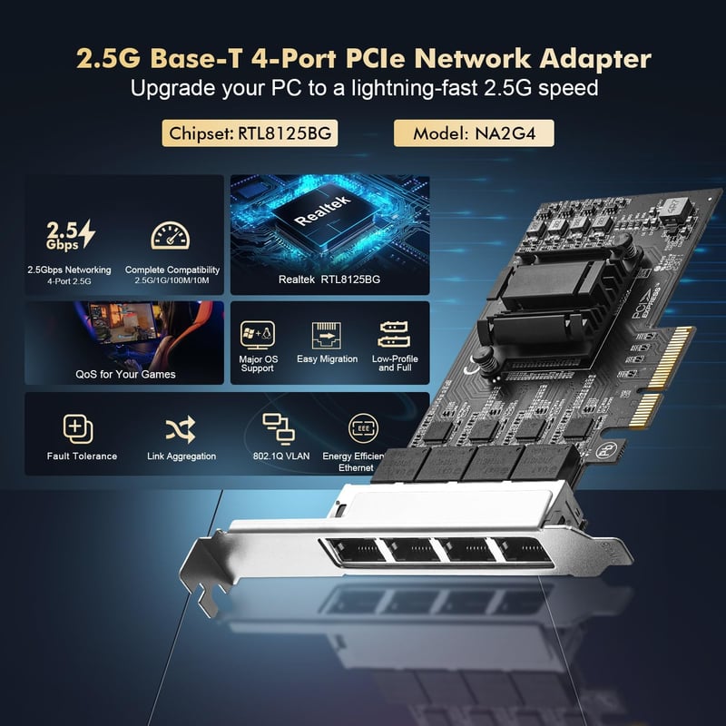 Binardat 4 portos 2.5G PCIe hálózati adapter, RTL8125B Ethernet NIC kártya