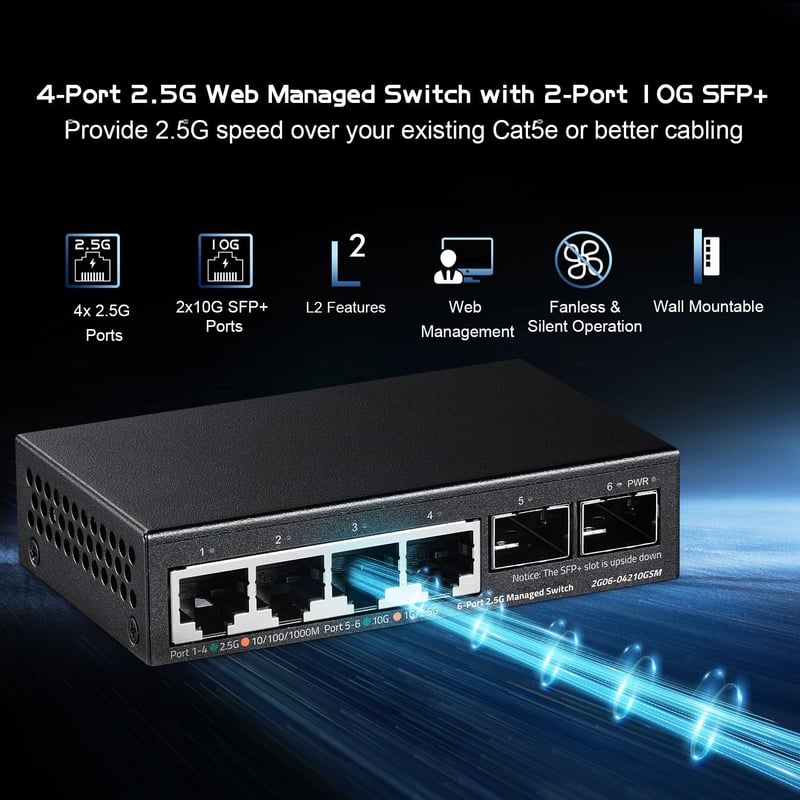 Binardat 4 portos 2.5G Web menedzselt hálózati switch 2x10G SFP porttal