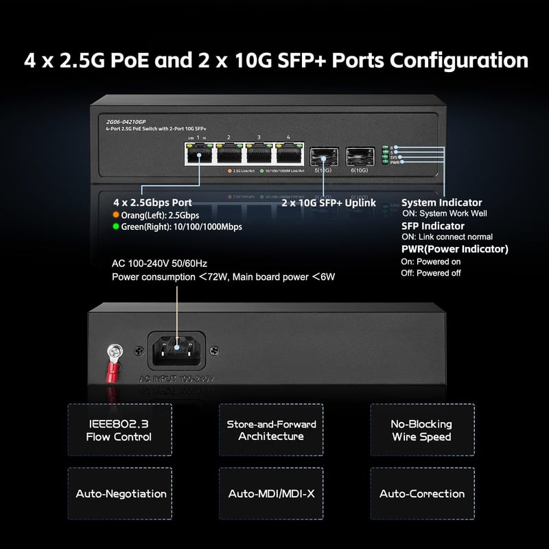 Binardat 6 portos 2.5G PoE hálózati switch 2x10G SFP+ és 4x2.5G porttal