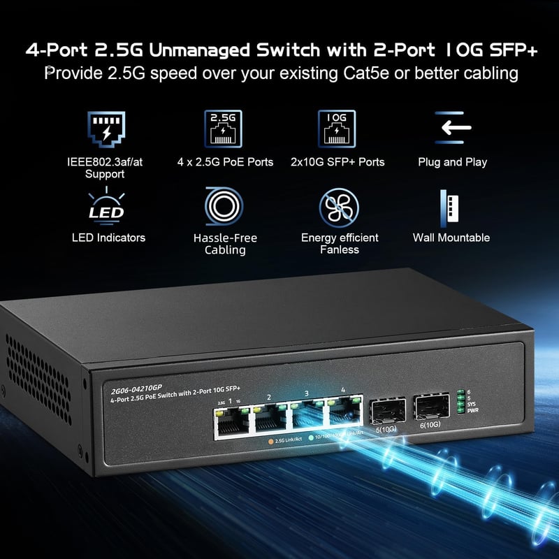 Binardat 6 portos 2.5G PoE hálózati switch 2x10G SFP+ és 4x2.5G porttal