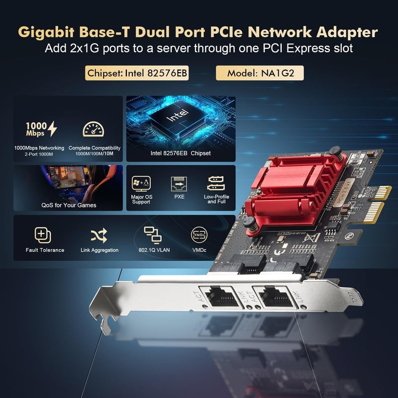 Binardat Gigabit PCIe Hálózati Adapter 2 Port Intel 82575 1000Mbps