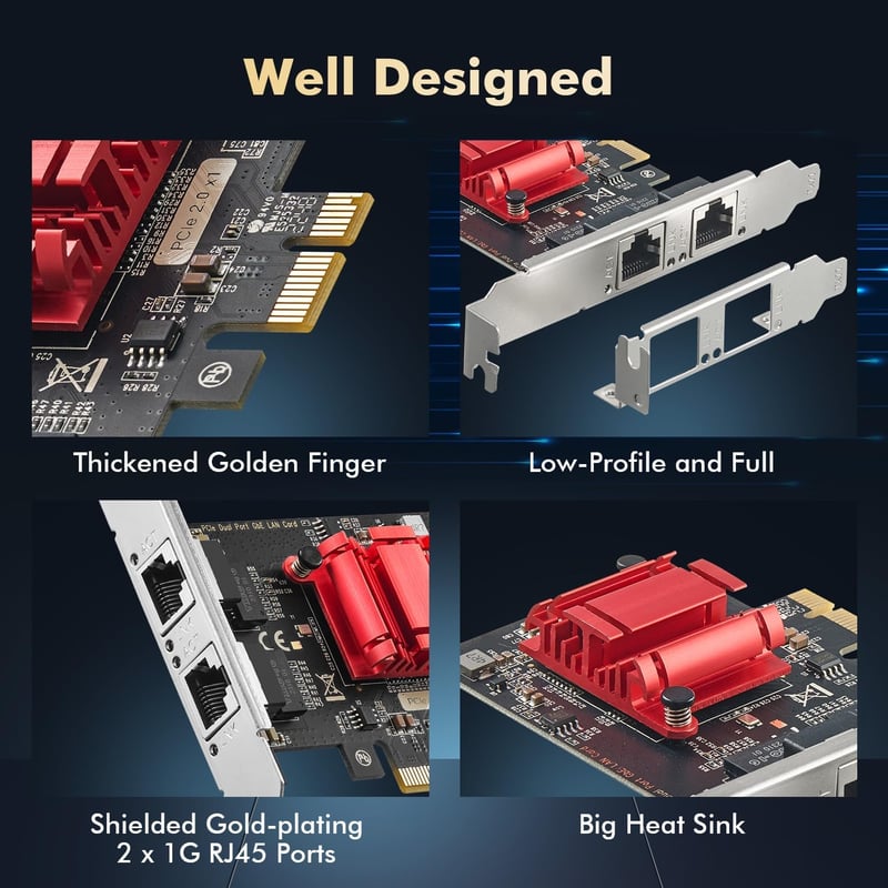 Binardat Gigabit PCIe Hálózati Adapter 2 Port Intel 82575 1000Mbps