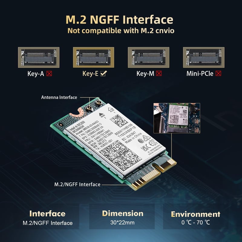 Binardat WiFi7 M.2 BE200 hálózati adapter Intel BE200NGW Bluetooth 5.4
