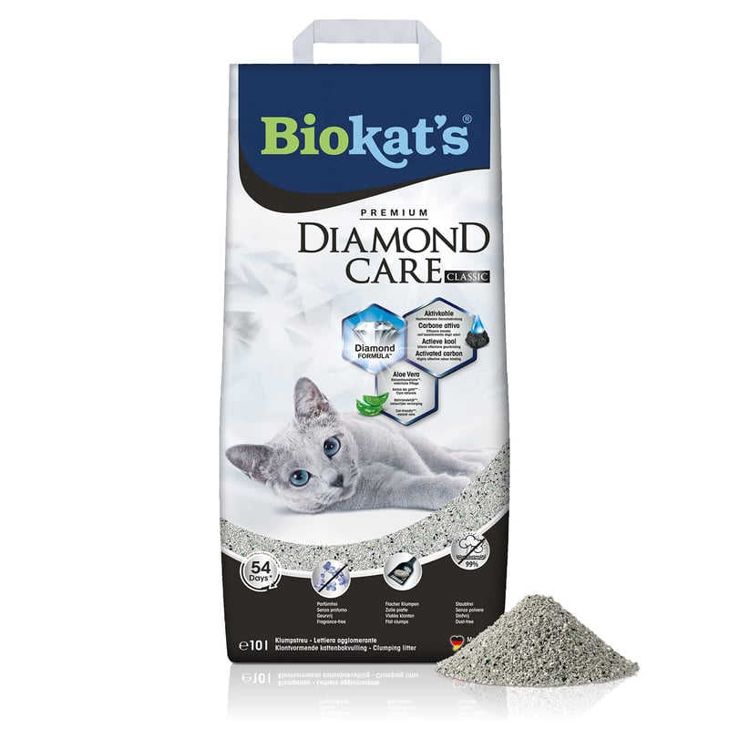 Biokat's Diamond Care Classic bez vône, stelivo pre mačky s aktívnym uhlím a Aloe Vera – jemné bentonitové hrudkujúce stelivo – 10 l