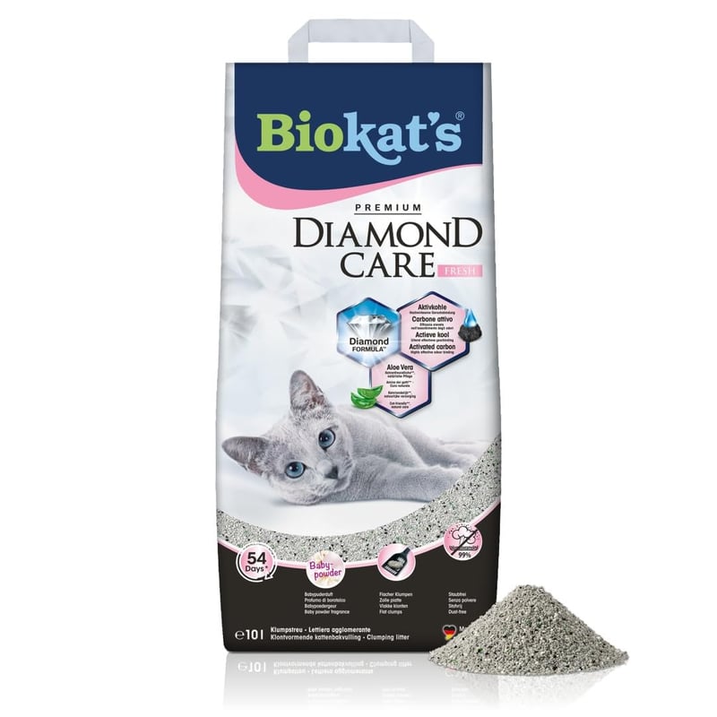 Biokat's Diamond Care Fresh mirišljavi pijesak za mačke s aktivnim ugljenom i Aloe Verom - 10 L