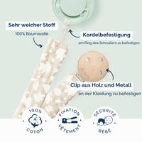 Retiazka na cumlík Biolane pre okrúhle cumlíky – 100 % bavlnená tkanina – béžová – upevnenie na šnúrku – drevený a kovový klip – dvojité zabezpečenie a protišmyková úprava 5