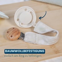 Retiazka na cumlík Biolane pre okrúhle cumlíky – 100 % bavlnená tkanina – béžová – upevnenie na šnúrku – drevený a kovový klip – dvojité zabezpečenie a protišmyková úprava 3