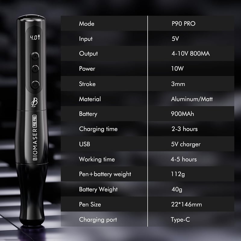 BIOMASER P90 PRO vezeték nélküli és vezetékes félpermanens smink tetováló gép szemöldökhöz, szemceruzához és ajkakhoz, fekete