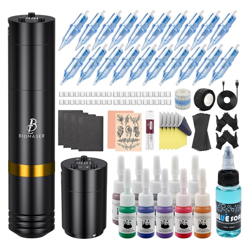 BIOMASER Wireless Rotary Pen Machine szett 2db 1500mAh akkumulátorral tűkkel és tintával