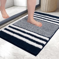 Covoraș de baie din chenille vărgat Biscpro, antiderapant - albastru închis - 60x90 cm 1