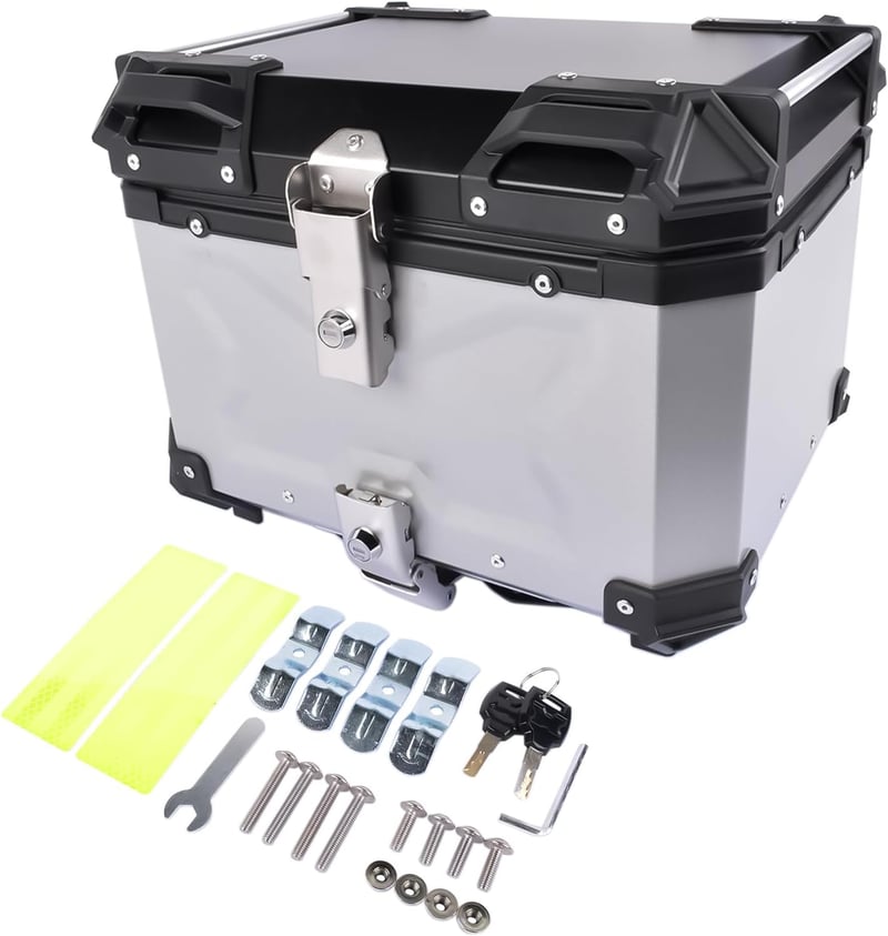 Bisenya alumínium motoros topcase, vízálló, biztonsági zárral - ezüst, 45 L