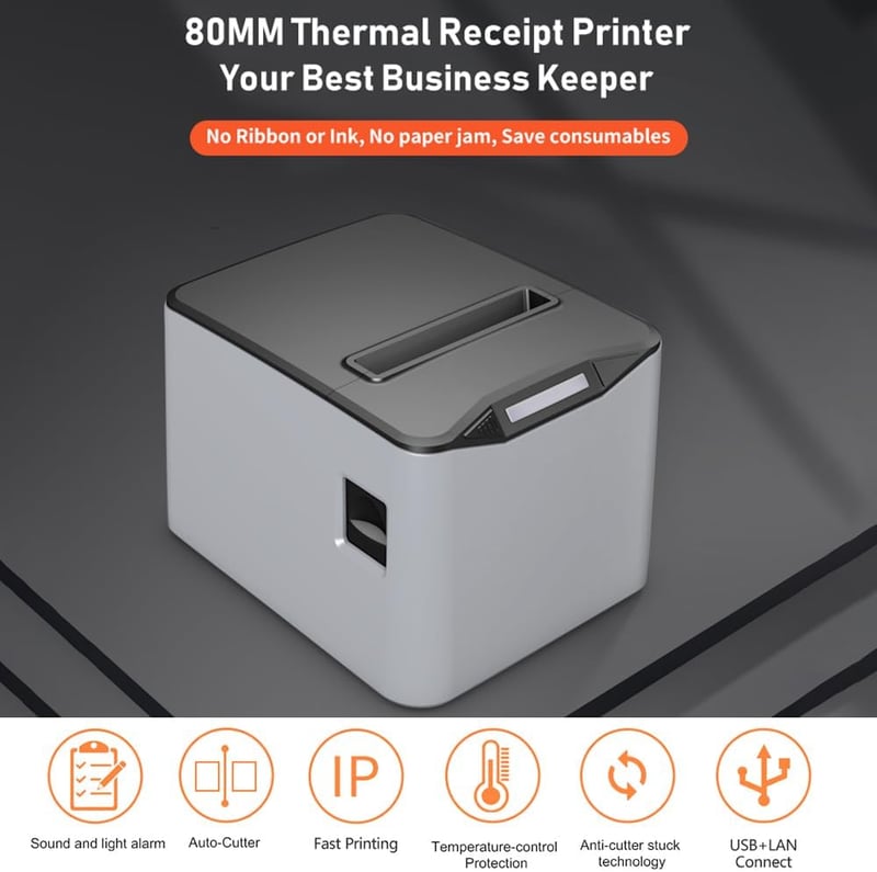 Bisofice 80mm Hőpapíros Blokknyomtató - 220mm/s Nyomtatási Sebesség, Automata Vágás, USB és Ethernet Csatlakozás, ESC/POS Kompatibilis, Szür