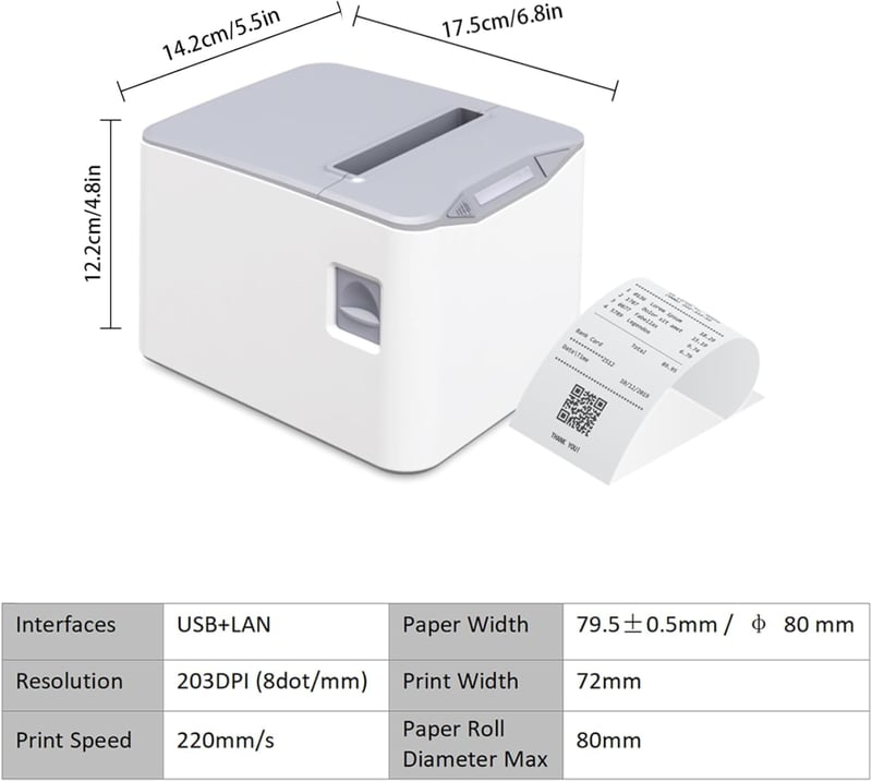 Bisofice 80mm Termikus Blokknyomtató USB+Ethernet, Automata Vágás, 220mm/s