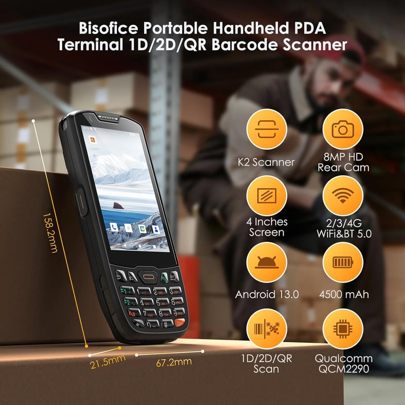 Bisofice K40 Kézi Vonalkód Olvasó PDA Terminál Android 13, 1D 2D QR Szkenner 4G WiFi Bluetooth GPS Kiskereskedelmi Raktári Használatra