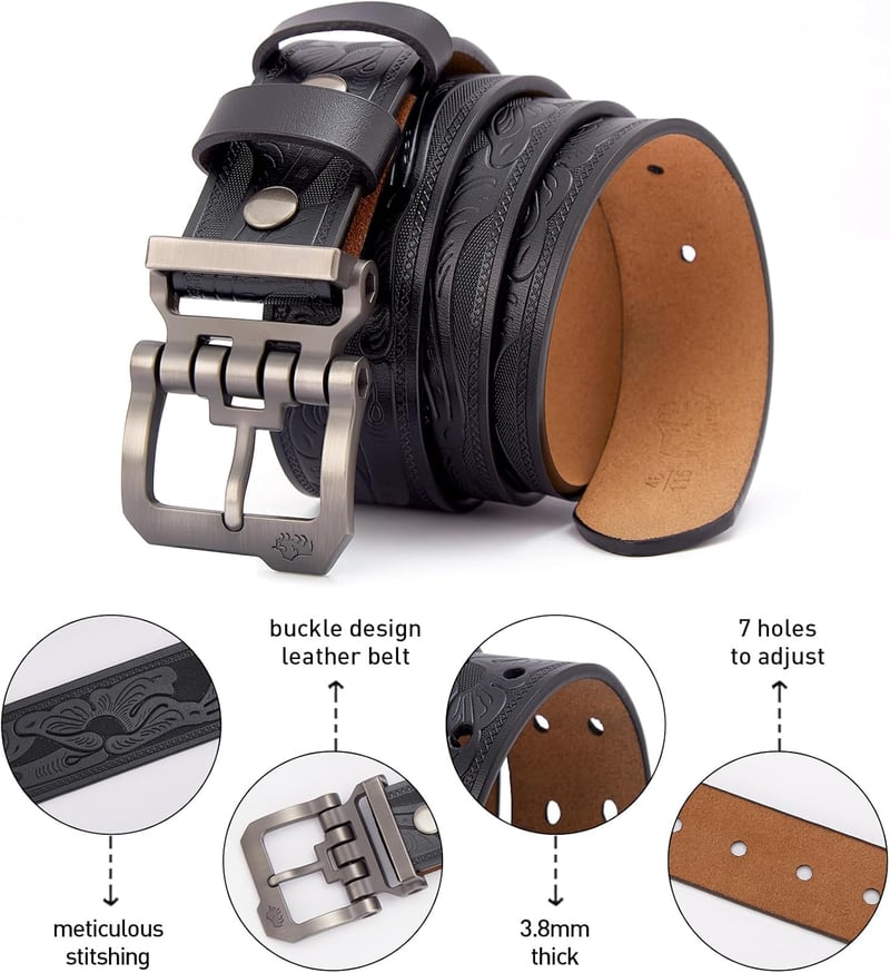 Bison Denim férfi bőr öv, 38 mm széles, retro fém csattal, ajándékdobozzal