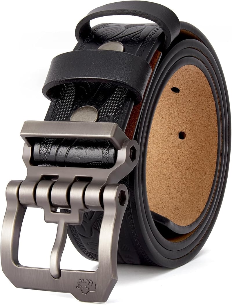 Bison Denim férfi bőr öv, 38 mm széles, retro fém csattal, ajándékdobozzal