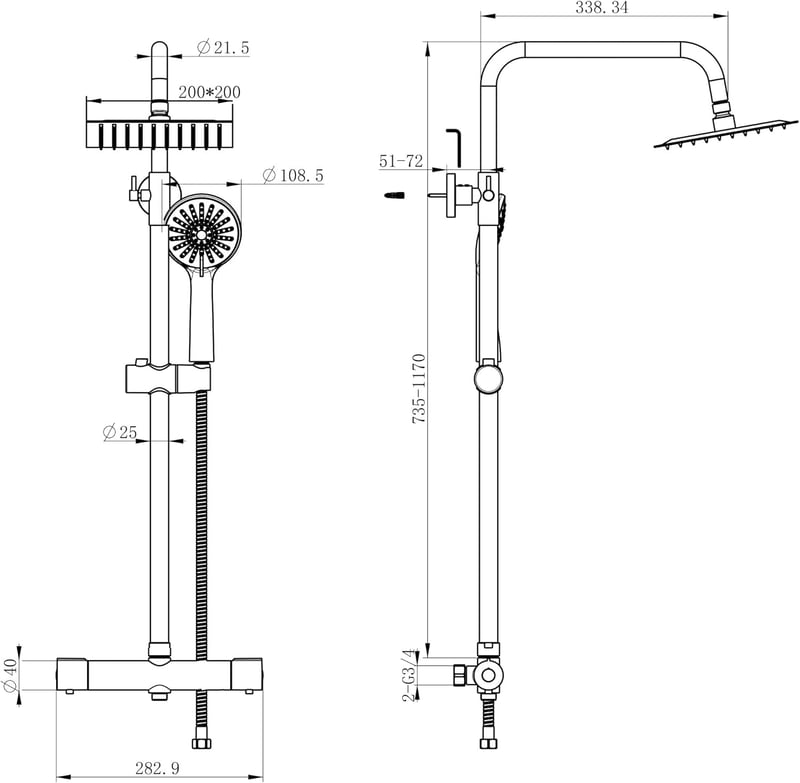 Biubiubath termosztátos zuhanyszett négyzet fekete 735-1170mm