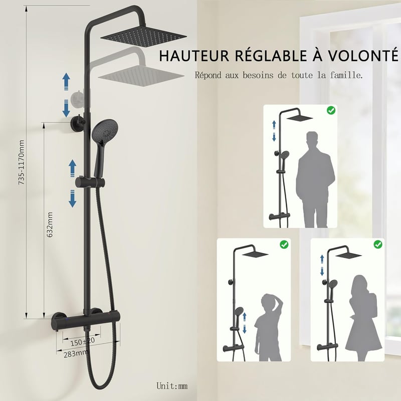 Biubiubath termosztátos zuhanyszett négyzet fekete 735-1170mm