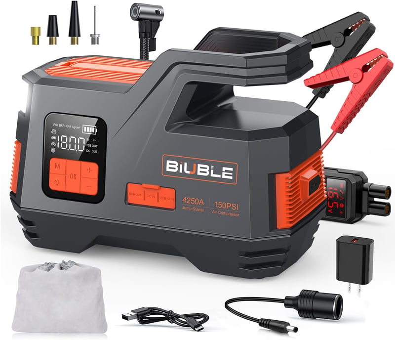BIUBLE 4250A 12V autóindító booster és kompresszor 150 PSI, gyors gumifújó, power bank LED 400 lm, benzines és 10L dízel