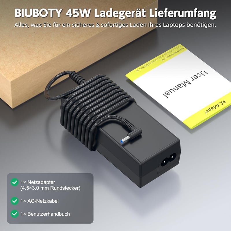 BIUBOTY 45W Laptop Töltő - HP Pavilion x360, ProBook, Envy és Stream Sorozatokhoz Kompatibilis Adapter 4,5mm Csatlakozóval, 19,5V 2,31A