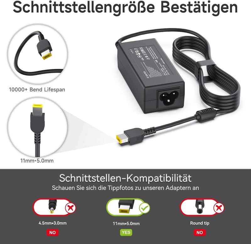 BIUBOTY 45W Laptop Töltő Lenovo X240 X250 T440 T450 L450 E450 Yoga 11 IdeaPad G50 Kompatibilis, Négyzet Alakú Csatlakozó, 20V 2.25A, Fekete