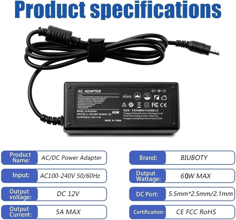 BIUBOTY 60W 12V AC/DC adapter LED szalaghoz, monitorhoz, DVD-hez, TV-hez