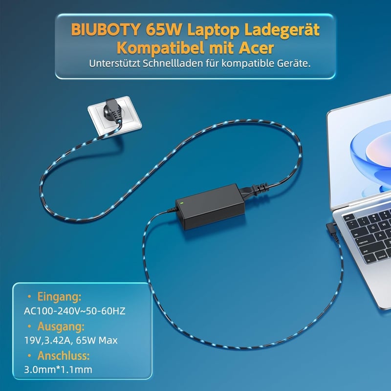 BIUBOTY 65W/45W Laptop Töltő Acer Swift 3/5, Spin 1/3/5, Chromebook Készülékekhez - 19V 3.42A, 3.0x1.1mm Csatlakozó, Univerzális Adapter