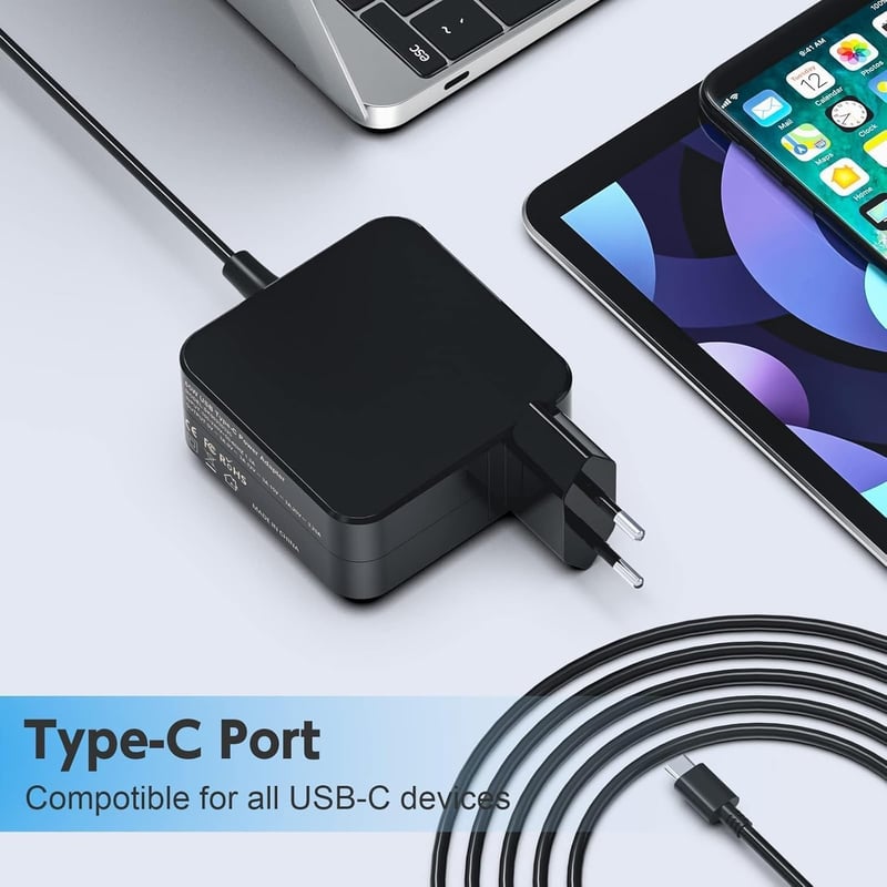 BIUBOTY 65W USB-C Laptop Töltő - Univerzális Hálózati Adapter Asus, HP, Dell, Lenovo, MacBook, Samsung, Huawei Készülékekhez, Kompakt Utazás