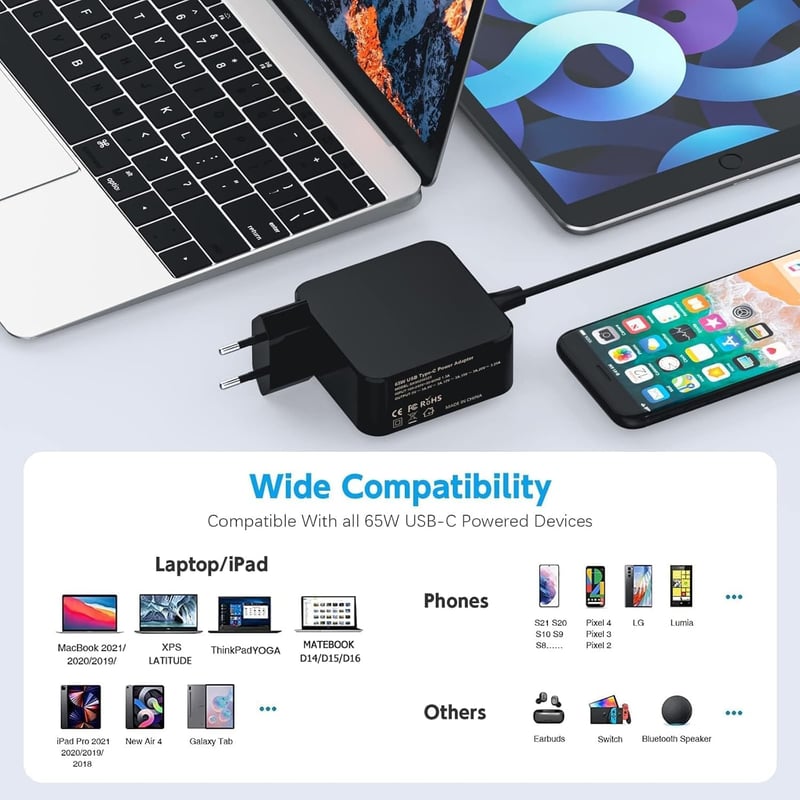 BIUBOTY 65W USB-C Laptop Töltő - Univerzális Hálózati Adapter Asus, HP, Dell, Lenovo, MacBook, Samsung, Huawei Készülékekhez, Kompakt Utazás