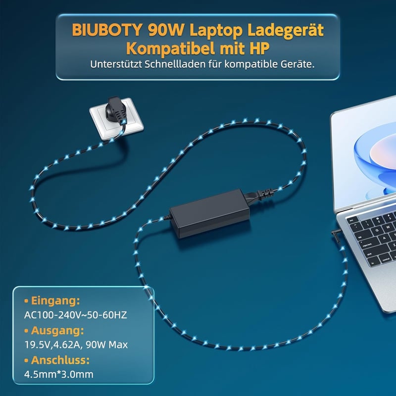BIUBOTY 90W Laptop Töltő HP EliteBook, ProBook, Pavilion, Envy, Stream Sorozathoz - Univerzális Tápkábel 4.5x3.0mm Csatlakozóval
