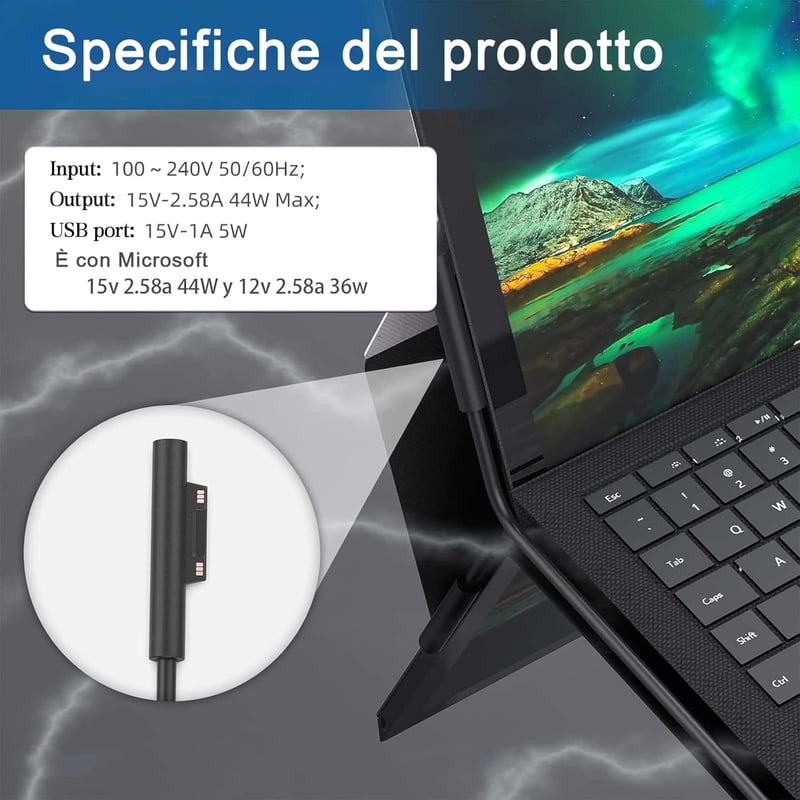 BIUBOTY Surface 44W töltőkábel Microsoft Pro/Laptop/Go/Book kompatibilis USB porttal