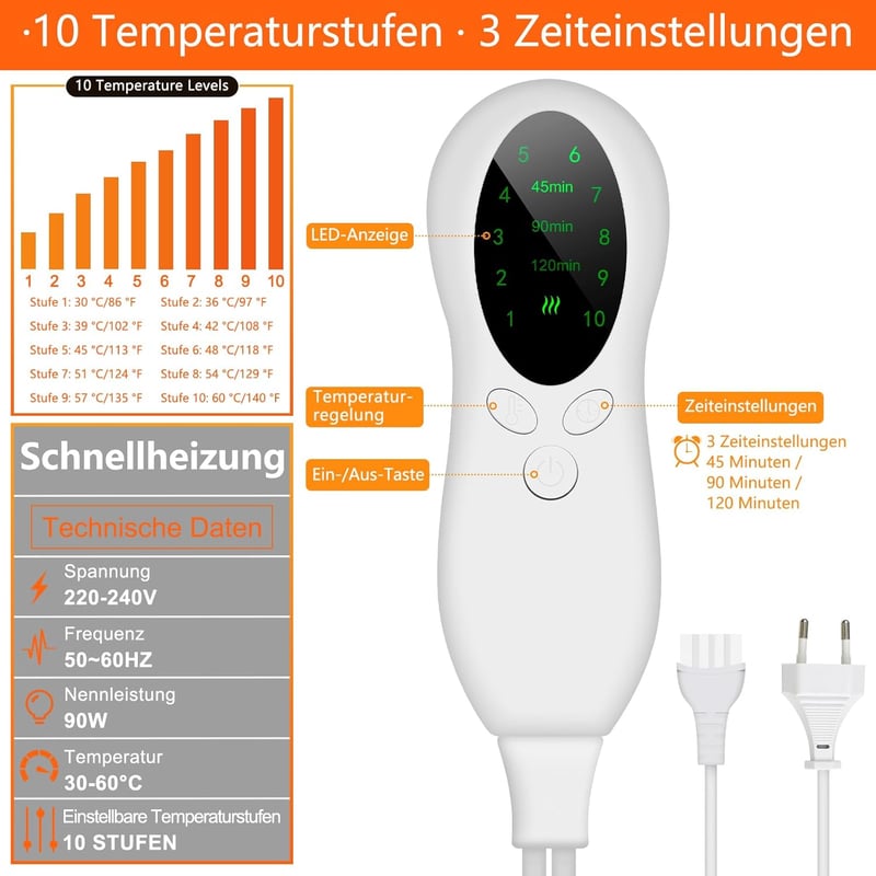 Biutee elektromos lábmelegítő 10 fokozat 3 időzítő mosható bélés