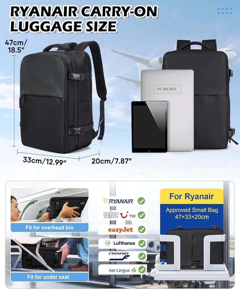 BJLFS Ryanair Utazási Hátizsák 40x30x20cm Kézipoggyász Vákuum Technológiával Wizzair Easyjet Repülőgép Táska Vízálló Laptop Hátizsák - 2-Suitable for 14 inch laptops, A02-black.