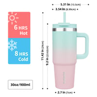 BJPKPK 900 ml Izolovaný pohár z nehrdzavejúcej ocele s rukoväťou, vekom a slamkou – Bubble Gum – Dvojstenná vákuová izolácia, BP 3