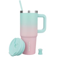 BJPKPK 900 ml Izolovaný pohár z nehrdzavejúcej ocele s rukoväťou, vekom a slamkou – Bubble Gum – Dvojstenná vákuová izolácia, BP 4