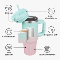 BJPKPK 900 ml Izolovaný pohár z nehrdzavejúcej ocele s rukoväťou, vekom a slamkou – Bubble Gum – Dvojstenná vákuová izolácia, BP 5