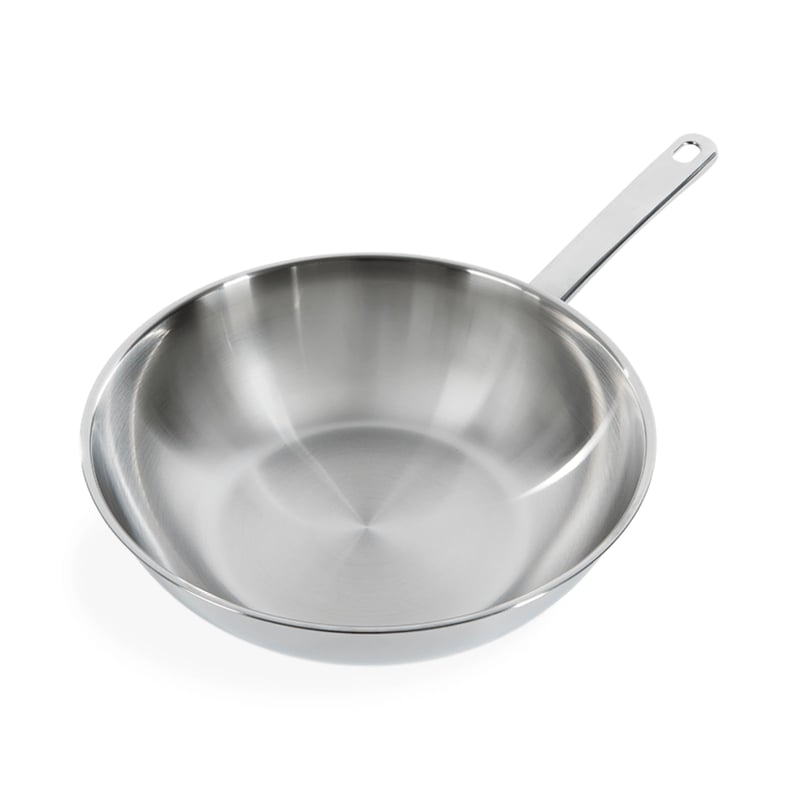 Wok din oțel inoxidabil 18/10 BK Bright, diametru 28 cm, 3 straturi, compatibil cu inducția, rezistent în cuptor până la 230°C, lavabil în mașina de spălat vase, argintiu