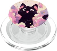 Suport PopSockets PopGrip pentru MagSafe cu pisică Kawaii neagră, nori retro roz pastel – Suport de telefon cu pisică neagră Kawaii, nori boemi mov și roz pastel 1